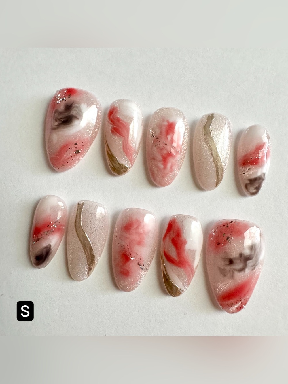 Hand-Painted Marble Press-On Nails in Blush, Coral & Gold